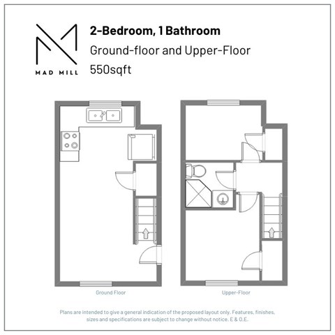Floor plan for 2 beds, 1 bath, 550 sqft